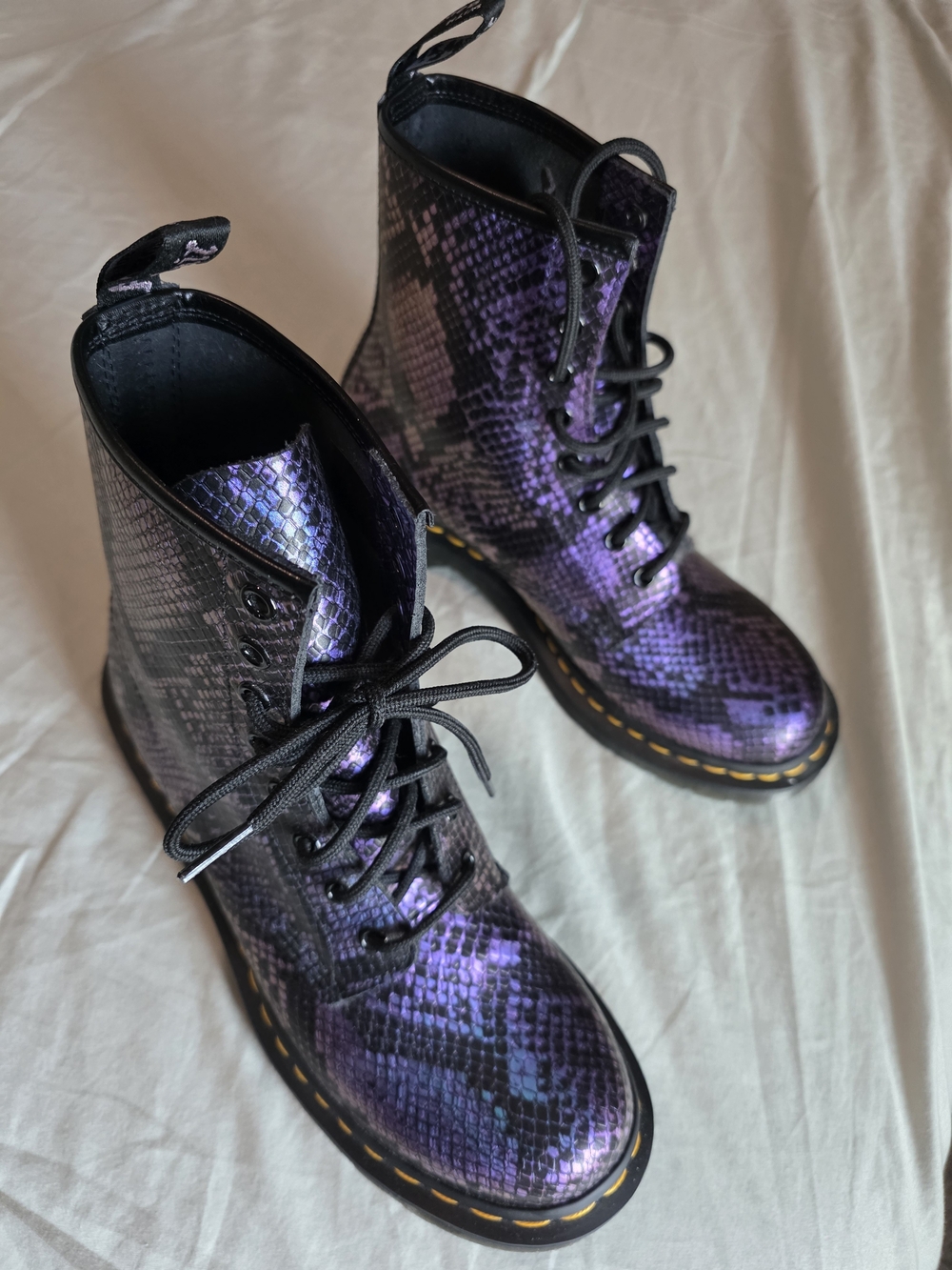 Dr. Martens Purple And Blue Colorshift Snake-Print Lace-Up Boots